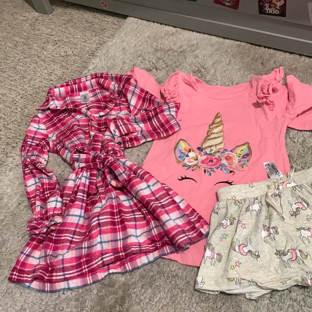 Ruffle sleeve unicorn shirt, fleece dress and unicorn skirt